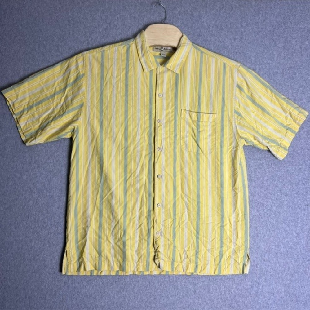 Tommy Bahama Silk Yellow and Green Striped Button‎ Down Short Sleeve Size XL
